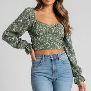 Altar'd State Green Floral Wrap and Tie Cropped Blouse